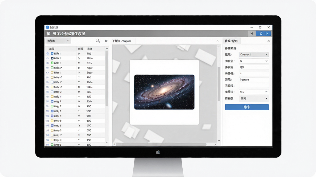 一张展示银河台卡批量生成器软件界面的图片,主体是电脑屏幕上打开的软件窗口,布局为左侧数据列表、中间模板预览、右侧参数设置面板,排版清晰规整,风格为现代简约商务风,细节包括表格数据行、台卡预览图、导出按钮,画质高清,画面干净,无多余元素