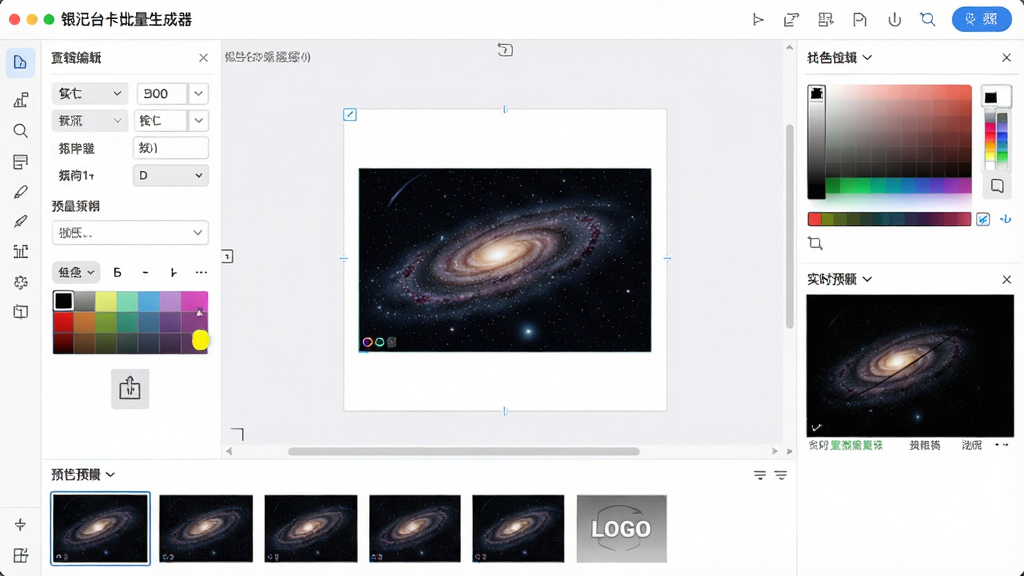 一张展示银河台卡批量生成器模板编辑界面的图片,主体是软件中台卡模板的可视化编辑区域,布局为中央画布、四周工具栏、底部预览缩略图,排版清晰,风格为清新简约风,细节包括字体设置面板、颜色选择器、Logo插入图标、实时预览窗口,画质高清,画面干净,无多余元素