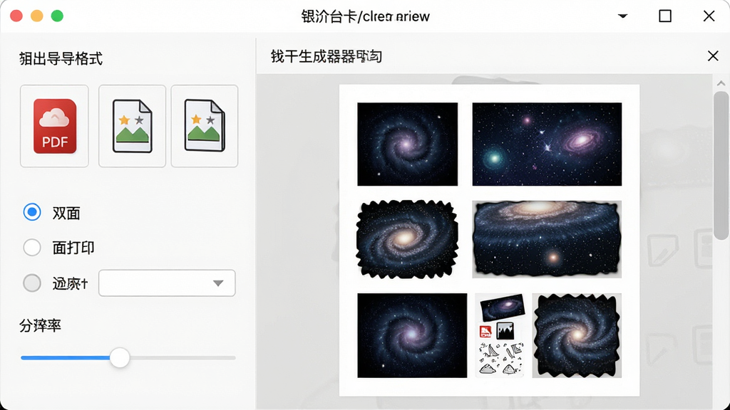 一张展示银河台卡批量生成器导出与打印设置界面的图片,主体是软件导出面板与打印预览画面,布局为左侧导出格式选项、右侧打印排版预览,排版规整,风格为素雅极简风,细节包括PDF图标、图片格式图标、双面打印选项、分辨率设置滑块,画质高清,画面干净,无多余元素