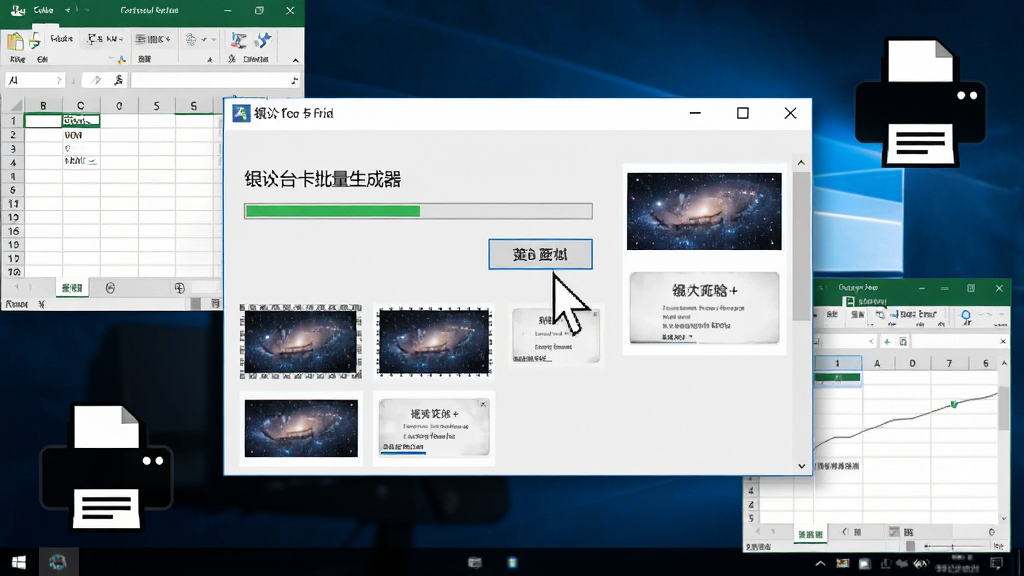 一张展示银河台卡批量生成器在Windows电脑上运行的操作场景图片,主体是电脑桌面与软件窗口,布局为软件界面居中、周围有Excel表格和打印机图标,排版简洁,风格为实用教程风,细节包括鼠标指针点击导出按钮、进度条显示、生成的台卡缩略图排列,画质高清,画面干净,无多余元素