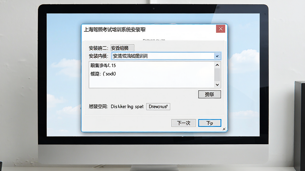 一张展示上海驾照考试培训系统安装向导界面的图片,主体为电脑屏幕中的安装对话框,布局为居中窗口,排版为传统安装向导风格,细节包括安装路径选择框、浏览按钮、磁盘空间提示、下一步按钮,画质高清,画面干净,无多余元素