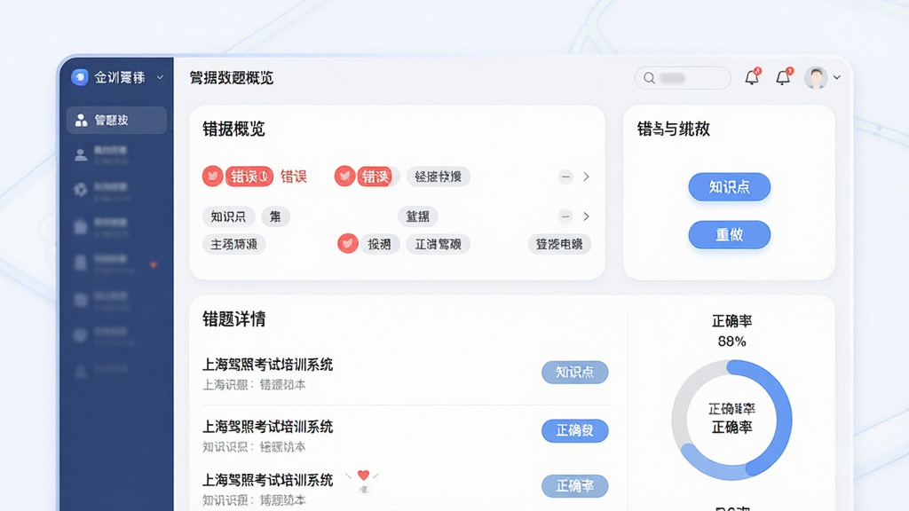 一张展示上海驾照考试培训系统错题本功能的图片,主体为软件界面中的错题列表与统计图表,布局为上方数据概览、下方错题详情,排版清晰,风格为柔和圆角卡片风,细节包括红色错误标记、知识点标签、重做按钮、正确率环形图,画质高清,画面干净,无多余元素