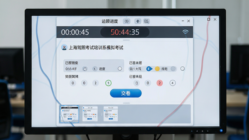 一张展示上海驾照考试培训系统模拟考试界面的图片,主体为电脑屏幕中的全屏答题窗口,布局为上方计时器与进度、中间题目与选项、下方答题卡缩略图,排版仿真考场风格,细节包括倒计时数字、已答未答颜色区分、交卷按钮,画质高清,画面干净,无多余元素