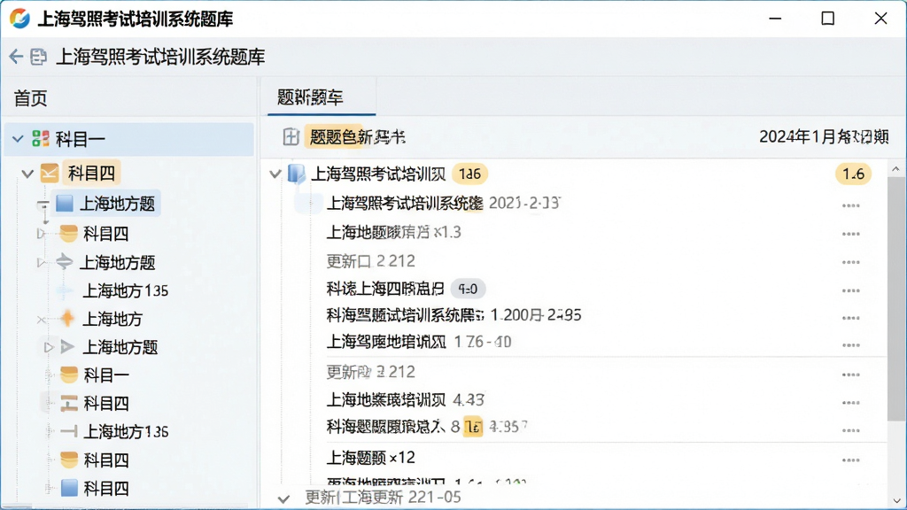 一张展示上海驾照考试培训系统题库分类界面的图片,主体为软件窗口中的题库目录树,布局为左侧分类导航、右侧题目预览,排版规整,风格为清爽浅色办公风,细节包括科目一、科目四、上海地方题等标签分类、题目数量角标、更新日期标注,画质高清,画面干净,无多余元素