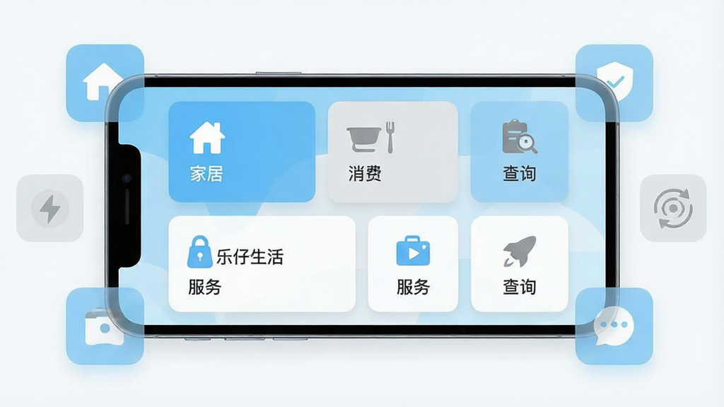 一张乐仔生活App功能聚合界面的展示图,画面主体为一部横放的智能手机,屏幕中显示多个生活服务功能卡片整齐排列,卡片上标注有家居、消费、查询等图标与文字,手机四周有半透明的服务图标环绕,布局采用左右分栏排版,风格现代扁平化,色调以天蓝、浅灰和白色为主,细节精致,画质干净清晰,画面中可出现