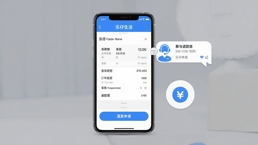 一张乐仔生活App客服与退款服务界面示意图,画面中央一部手机竖屏展示订单详情页和退款申请按钮,手机旁有客服对话框和退款项图标,布局以手机为中心,风格简洁商务,色调以蓝白灰为主,细节清晰,画质干净,画面中可出现