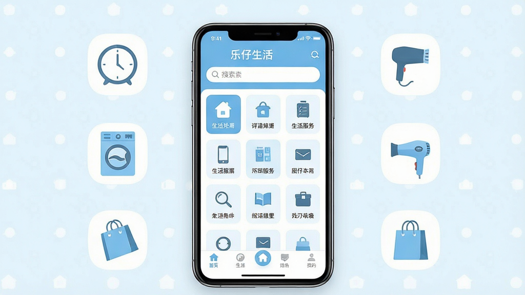 一张展示乐仔生活手机应用主界面的效果图,画面中央放置一部竖屏智能手机,手机屏幕上显示乐仔生活App的首页界面,界面包含生活服务图标网格、顶部搜索栏和底部导航菜单,手机周围环绕着时钟、洗衣机、吹风机、购物袋等生活元素小图标,布局居中对称,风格清新简约,色调以浅蓝和白色为主,细节清晰,画质干净,无多余元素,整体呈现现代生活服务类App的视觉氛围