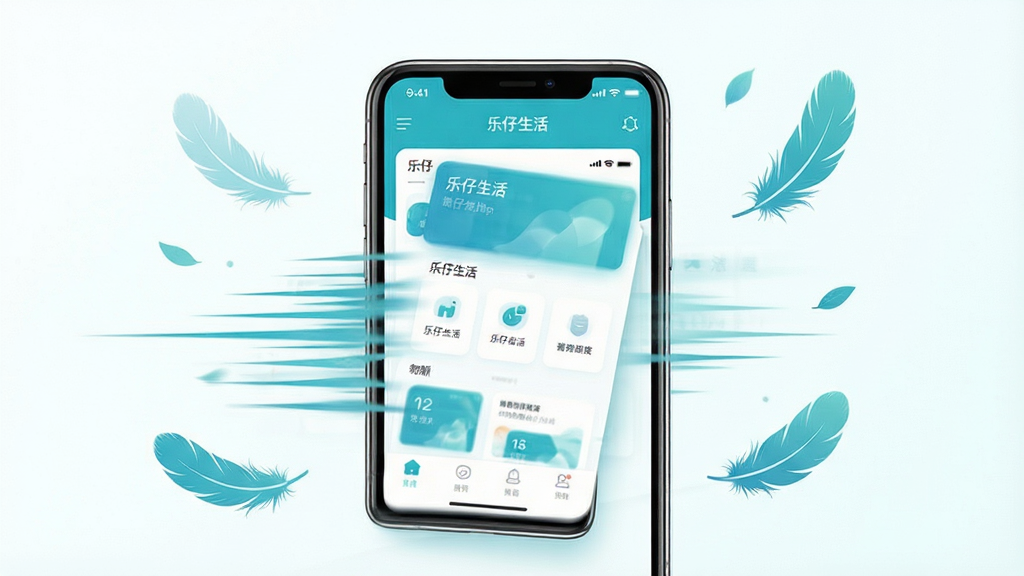 一张乐仔生活App运行流畅度概念图,画面中央一部手机屏幕显示App界面正在流畅滑动切换,屏幕周围有速度线条和轻量化的羽毛、叶子等元素点缀,布局以手机为视觉中心,风格清爽极简,色调以青蓝和白色为主,细节表现屏幕内界面清晰,画质干净,画面中可出现