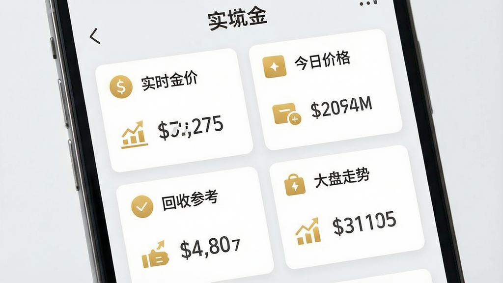 一张展示“实时金”软件多维度金价功能的图片,画面为手机屏幕特写,屏幕内以卡片形式并列展示“实时金价”“今日价格”“回收参考”“大盘走势”四个数据模块,每个卡片配有金色图标与数字,布局整齐,风格为清爽简约风,色调以白、金、浅灰为主,画质高清,干净无多余元素。
