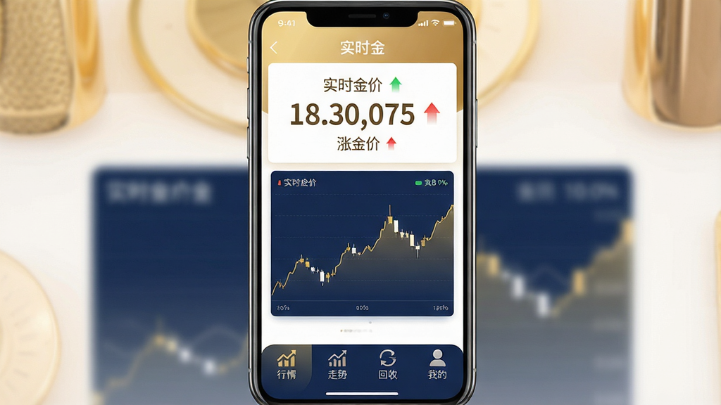 一张手机应用界面展示图,画面中央是一部竖屏智能手机,屏幕内显示“实时金”软件主界面,上方醒目展示实时金价数字与涨跌箭头,中部为简洁的折线走势图,底部排列行情、走势、回收、我的四个功能图标,整体布局干净整齐,风格为现代简约科技风,色调以金色、白色、深蓝色为主,细节清晰,画质高清,干净无多余元素。