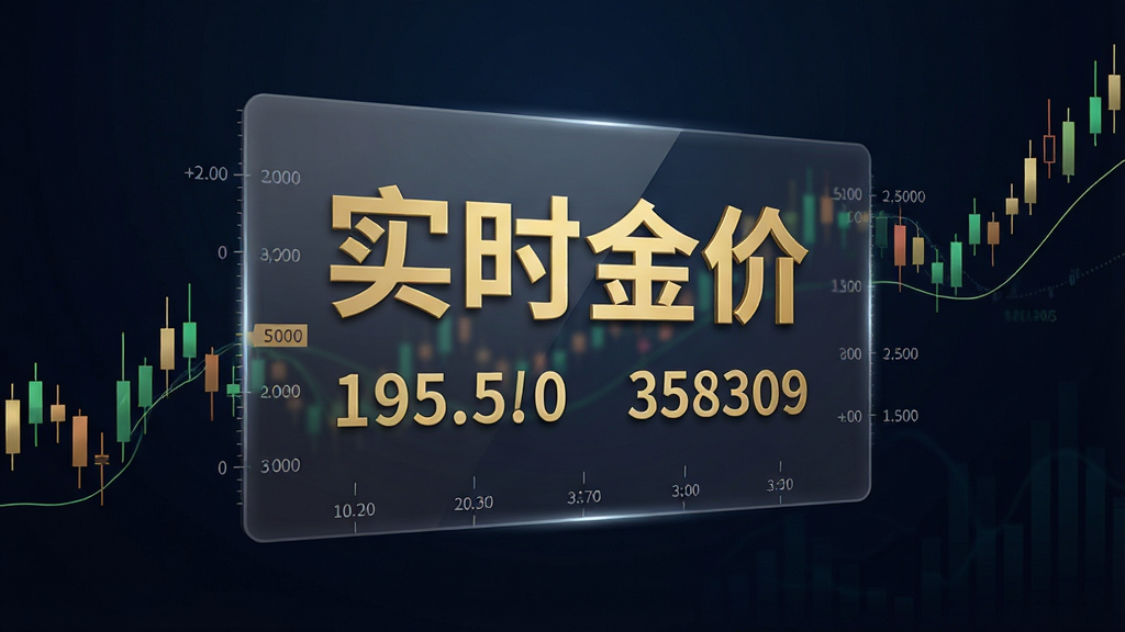 一张以“实时金”为主题的金融数据可视化图片,画面主体为一块悬浮在空中的半透明数据面板,面板上用金色大字标注“实时金价”与具体数字,周围环绕跳动的K线元素与时间刻度,背景为深色渐变,风格为科技金融风,细节精致,画质高清,干净无多余元素。