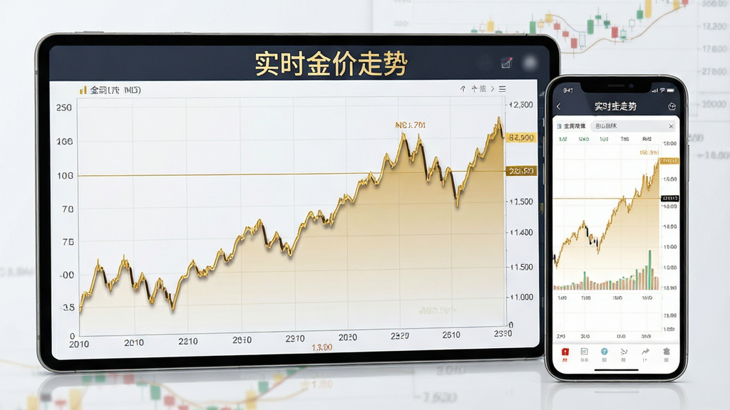 一张以“实时金”走势图为核心的图片,画面主体为一块横向展开的折线走势图,线条为金色,背景为浅色网格,图中标注“实时金价走势”字样,旁边搭配一部手机展示同步界面,整体风格为专业金融图表风,细节清晰,画质高清,干净无多余元素。