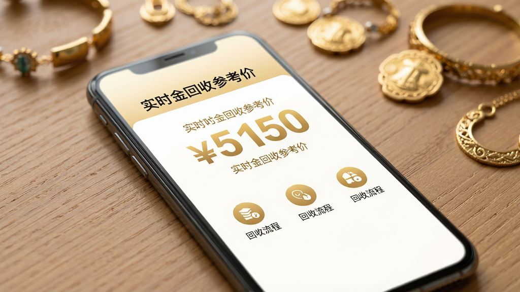 一张以“实时金”回收价格为主题的图片,画面为一部手机放在木质桌面上,屏幕内显示“实时金回收参考价”界面,上方为金色大字价格,下方为回收流程图标,背景有少量黄金首饰虚化点缀,风格为生活化商业风,色调温暖,画质高清,干净无多余元素。
