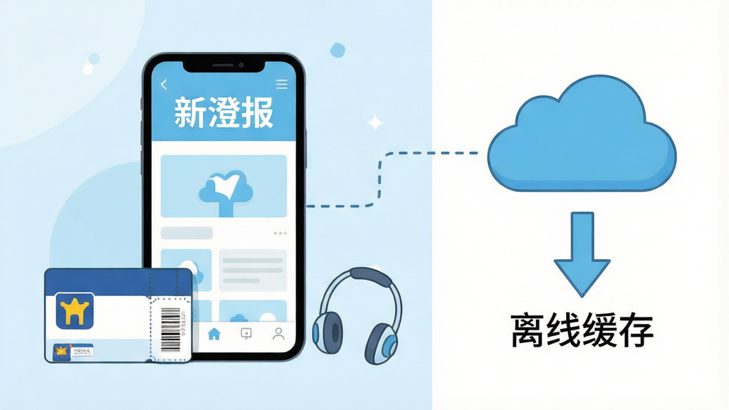 一张展示新澄报离线阅读功能的创意插图,画面中一部手机屏幕显示新澄报界面,屏幕右侧延伸出一条虚线连接至一朵云朵图标,云朵下方有向下的箭头和