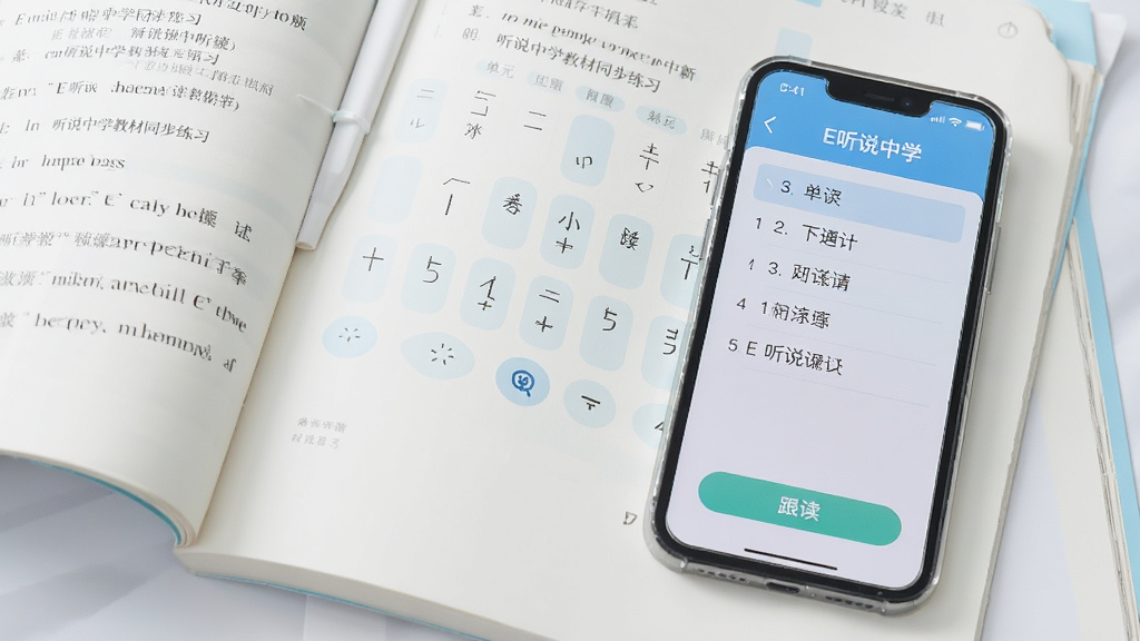 一本打开的英语课本旁边放着一部手机,手机屏幕显示E听说中学教材同步练习界面,有单元列表和跟读按钮,画面中有