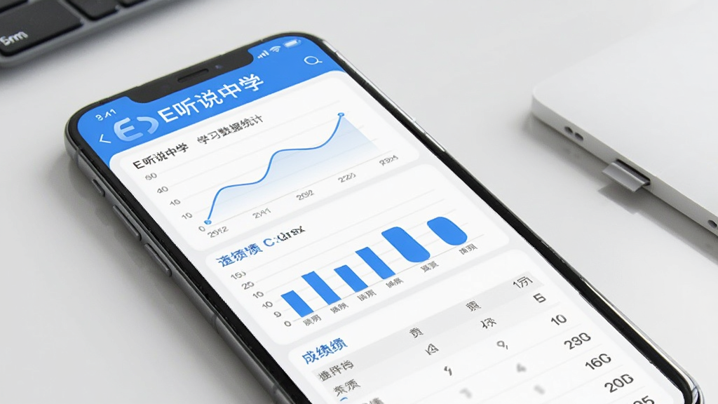 一部手机显示E听说中学学习数据统计页面,有折线图、柱状图和成绩列表,屏幕上方有