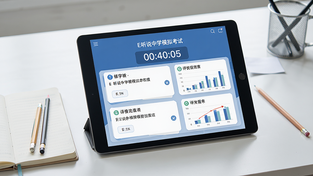 一部平板电脑显示E听说中学模拟考试界面,屏幕上有倒计时、题目卡片和评分报告图表,旁边放着笔记本和铅笔,背景是整洁的课桌,风格简约商务,画质清晰,干净无多余元素