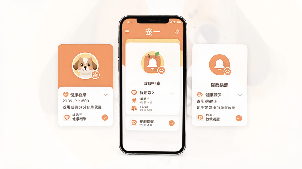 主体是「宠一」软件界面展示,布局为手机屏幕居中显示,排版采用三栏信息卡片式设计,风格为清新温暖的扁平化UI风格,细节包含宠物头像、健康档案图标、提醒铃铛等元素,画质高清、干净、无多余元素