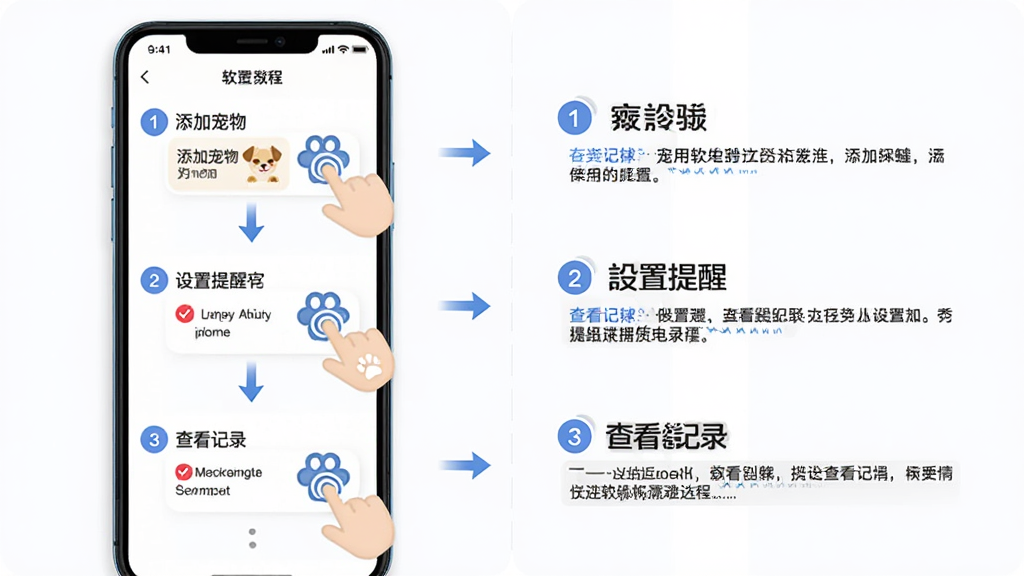 主体是「宠一」软件使用教程示意图,布局为左右分栏左边手机操作步骤右边文字说明,排版从上到下依次展示添加宠物、设置提醒、查看记录三个步骤,风格为简洁教程图解风格,细节包含步骤编号、手指点击图标、箭头引导,画质高清、干净、无多余元素