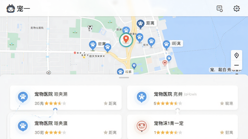 主体是「宠一」软件附近服务地图页面,布局为上半部分地图下半部分列表,排版地图标记点与列表卡片联动,风格为清爽地图UI风格,细节包含宠物医院图标、距离标签、星级评分,画质高清、干净、无多余元素