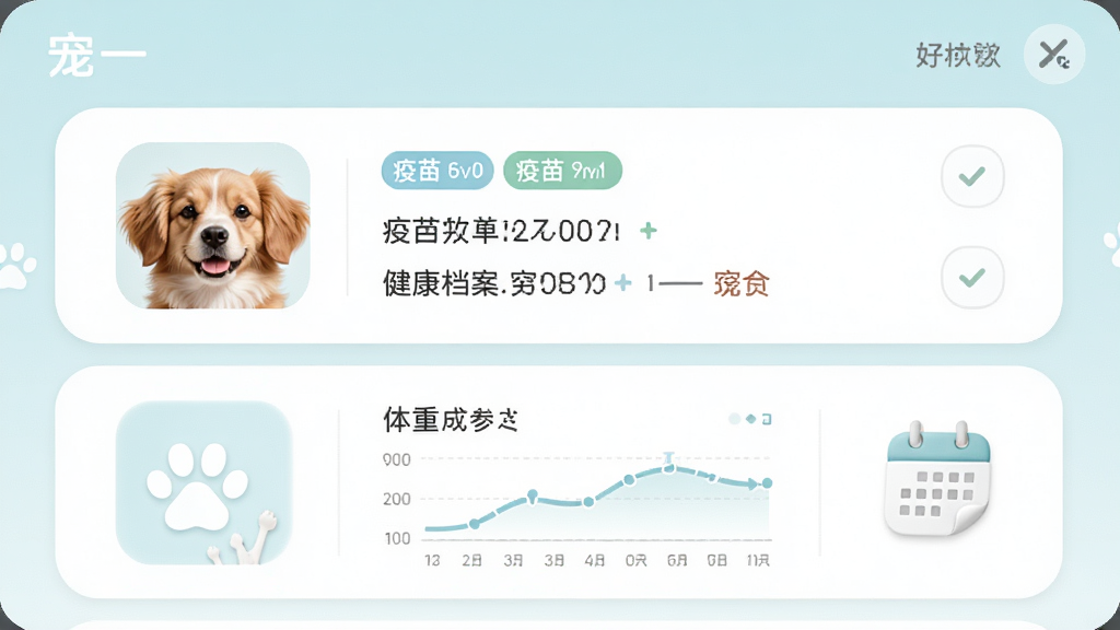 主体是「宠一」软件的健康档案页面,布局为上下结构卡片列表,排版左侧宠物头像右侧信息条目,风格为柔和圆角浅色系,细节包含疫苗标签、体重曲线图、日历图标,画质高清、干净、无多余元素