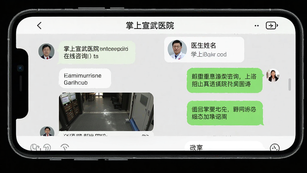 手机屏幕显示“掌上宣武医院”在线咨询聊天界面,左侧为患者发送的文字和图片,右侧为医生回复内容,顶部显示医生姓名和科室,风格为即时通讯界面,细节清晰,画质干净,无多余元素