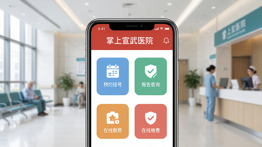 画面中心是一部智能手机,屏幕显示“掌上宣武医院”应用主界面,界面包含预约挂号、报告查询、在线缴费等功能图标,背景为简洁的医院大厅环境,风格为现代扁平化UI设计,细节清晰,画质干净,无多余元素,4K高清