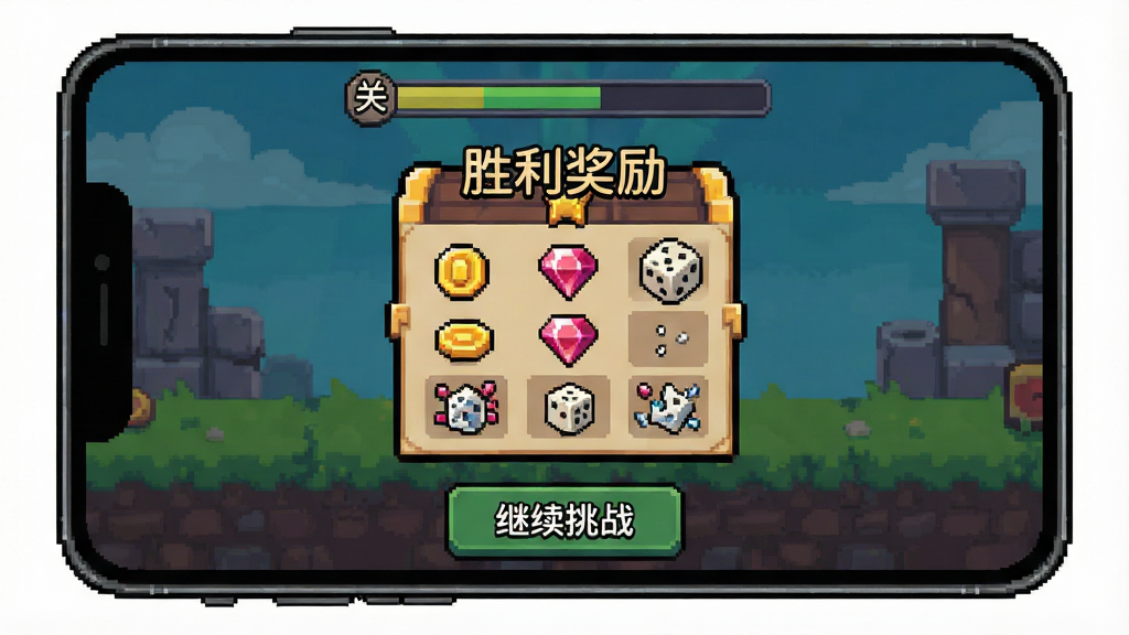 一张展示卡尔玛骰子:骰子肉鸽游戏战斗胜利结算界面的图片,主体为手机屏幕中央弹出胜利宝箱与奖励列表,布局上方为关卡进度条、下方为继续挑战按钮,排版简洁明快,风格为卡通像素风,细节包括金币、宝石、骰子碎片等奖励图标,画质清晰,干净无多余元素,画面中文字标注“胜利奖励”