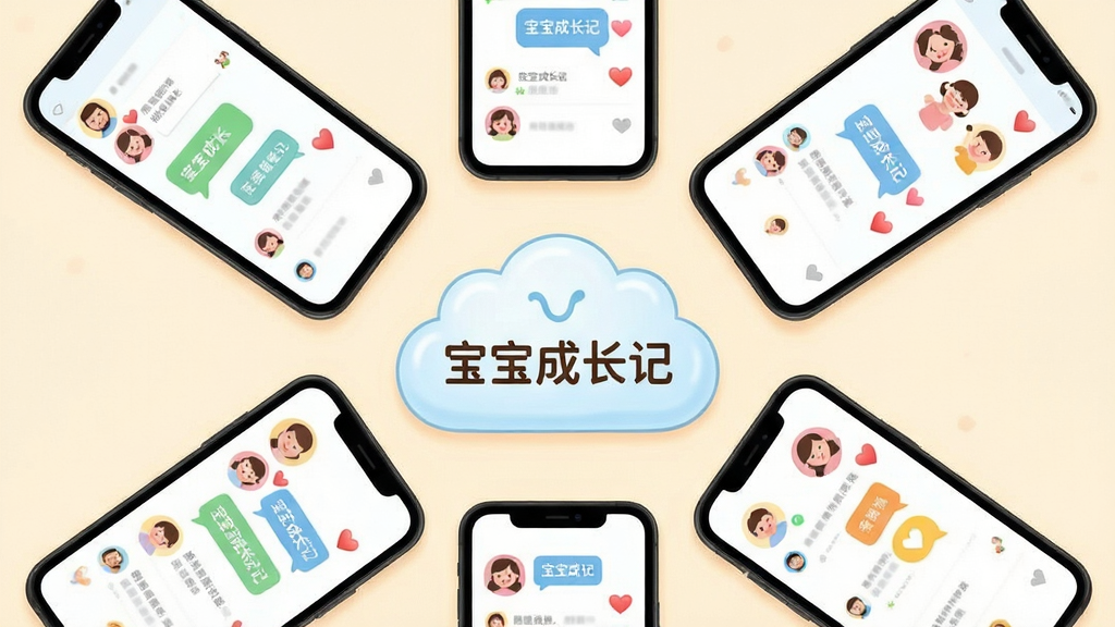 宝宝成长记家庭共享功能场景图,主体为多部手机围绕一个中心云朵图标,布局呈放射状排列,每部手机屏幕显示不同家庭成员的评论与点赞界面,排版对称均衡,风格亲切温暖,细节包含家庭头像、彩色气泡对话框、爱心图标,画质高清干净无多余元素,中心云朵上写有“宝宝成长记”