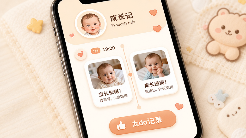 宝宝成长记软件主界面展示,主体为一部智能手机屏幕,布局为顶部显示宝宝头像与昵称,中间是时间轴形式的成长记录卡片,包含照片与文字,底部有添加记录按钮,排版简洁清晰,风格温馨可爱,细节包含柔和的暖色调、圆角图标、卡通元素点缀,画质高清干净无多余元素