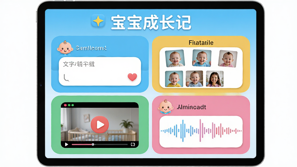 宝宝成长记多维度记录功能展示,主体为平板电脑屏幕,布局分为四个区域分别展示文字输入框、照片墙、视频播放窗口和语音波形图,排版整齐有序,风格现代简约,细节包含明亮的色彩分区、圆润的界面元素、可爱的婴儿图标,画质清晰干净无杂乱元素,屏幕上方显示“宝宝成长记”字样