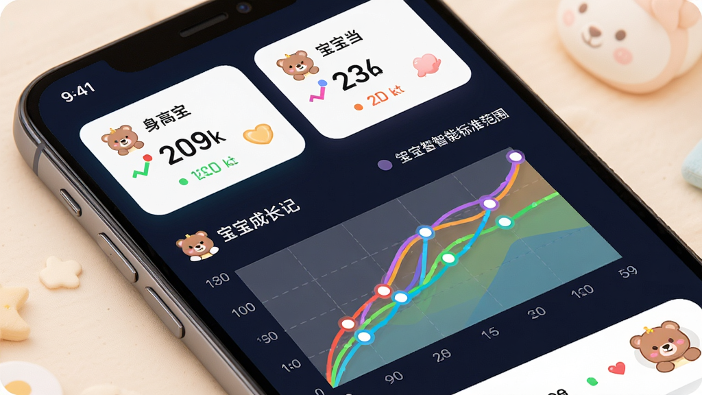 宝宝成长记智能成长曲线界面,主体为手机屏幕展示折线图,布局为上方显示宝宝身高体重数据卡片,下方为彩色曲线图与标准范围阴影区,排版清晰直观,风格科技感与温馨感结合,细节包含数据点标记、图例说明、可爱的小熊图标,画质高清干净无多余元素,图表旁标注“宝宝成长记”