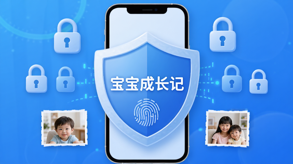 宝宝成长记隐私保护功能示意图,主体为盾牌与手机组合,布局为盾牌位于手机屏幕中央,周围环绕锁形图标与数据加密符号,排版居中稳定,风格安全可靠,细节包含蓝色调渐变、指纹识别图案、家庭照片缩略图,画质清晰干净无多余元素,盾牌上写有“宝宝成长记”