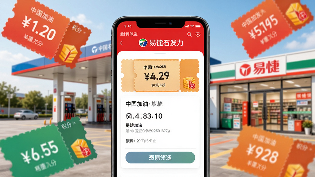 手机屏幕展示易捷加油APP优惠券领取页面,画面中有多张彩色优惠券飘落效果,背景是中国石化加油站和易捷便利店,布局为手机居中、优惠券环绕,风格为活泼促销风,细节包括优惠券上的金额数字、积分图标,画质高清,干净,无多余元素