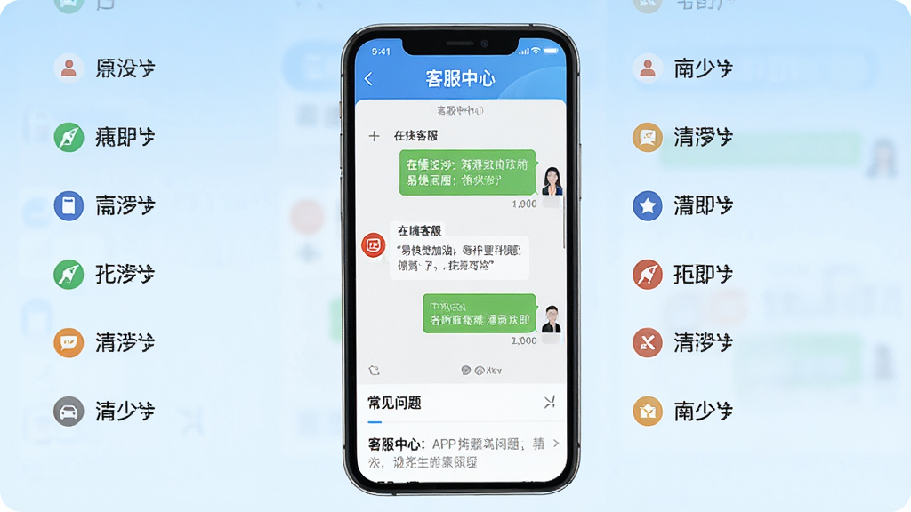 一张手机屏幕展示易捷加油APP客服中心页面,画面中有在线客服对话框和常见问题列表,背景为浅蓝色渐变,布局为手机居中、问题列表环绕,风格为简洁客服界面风,细节包括对话框气泡、问题分类图标,画质清晰,干净,无多余元素