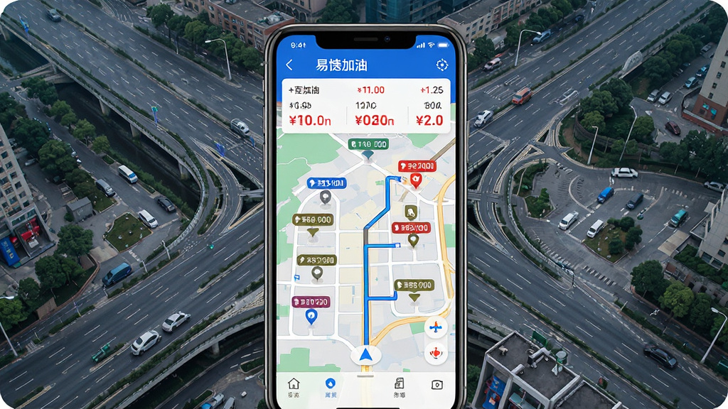 手机屏幕显示易捷加油APP加油站地图导航界面,地图上有多个加油站标记点,屏幕上方显示油价信息,背景为城市道路俯瞰图,布局为手机居中、地图环绕,风格为科技导航风,细节包括地图上的加油站图标、油价数字标签、导航路线,画质高清,干净,无多余元素
