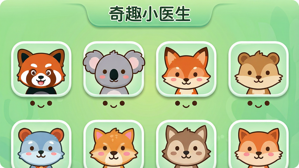 一张奇趣小医生软件内的角色选择界面截图风格图,画面中排列着多个可爱的卡通小动物头像,包括小熊猫、小考拉、小狐狸等,每个头像下方带有简单的表情符号表示健康状况,背景为柔和的渐变绿色,布局呈网格状整齐排列,风格为扁平化卡通设计,细节包括头像的圆角边框、微妙的阴影效果和顶部“奇趣小医生”标题栏,画质清晰,干净整洁,无多余装饰
