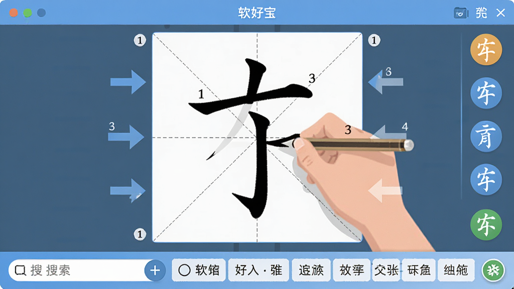 软件汉字宝主界面全貌,中央展示一个田字格内正在书写汉字,周围环绕笔画顺序指示箭头,底部有搜索框和常用字列表,整体布局居中对称,排版清晰,扁平化教育风格,细节包含田字格虚线、笔顺序号、功能按钮图标,画质高清,干净,无多余元素