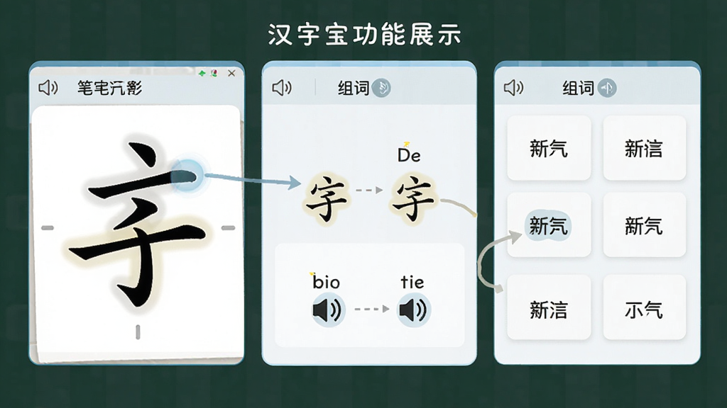 汉字宝功能展示图,画面中同时呈现笔顺动画窗口、拼音标注、组词列表三个模块,布局为左右分栏,排版整齐,风格为清爽教育类界面,细节包括高亮当前笔画、扬声器图标、词语卡片,画质清晰,干净,无多余元素