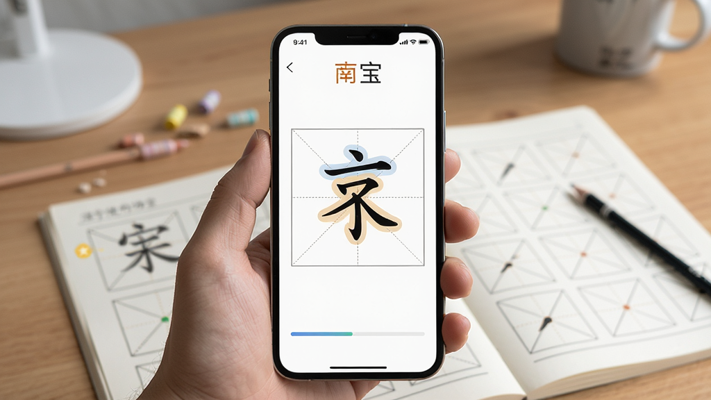 汉字宝使用场景图,画面展示一只手拿着手机,手机屏幕上显示汉字宝的笔顺播放界面,背景为书桌与练习本,布局为竖版手机截图风格,排版突出屏幕内容,风格写实教育场景,细节包含田字格、笔画高亮、进度条,画质高清,干净,无多余元素