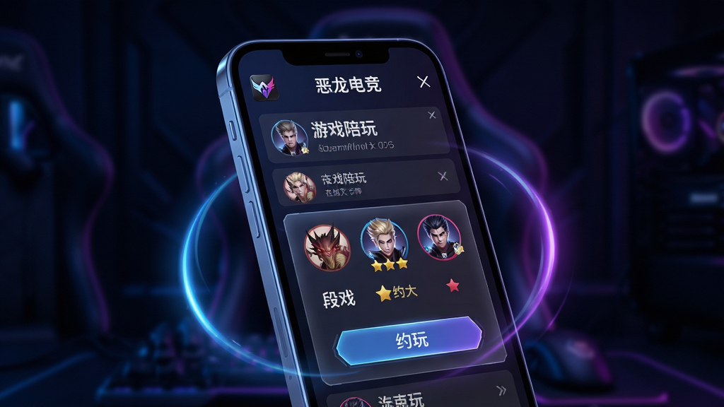 画面中央展示一部智能手机,屏幕内呈现恶龙电竞APP的主界面,界面中包含游戏陪玩列表、在线大神头像、段位标识与约玩按钮,背景为深色电竞风格,带有霓虹蓝紫光效。布局采用居中构图,手机略微倾斜展示立体感。排版清晰,顶部为软件名称“恶龙电竞”。风格为科技电竞风,细节包括发光边框、半透明面板、动态光晕。画质高清,干净,无多余元素。