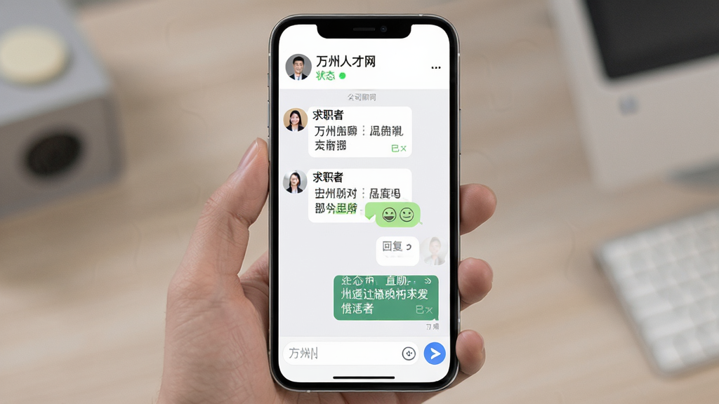 �����˲�����ҵֱ�Ľ��棬�ֻ���Ļ��ʾ����Ի����������ְ����Ϣ���Ҳ�����ҵHR�ظ���������ʾ��˾���ƺ�����״̬������Ϊ�ֻ����С��ײ�����򣬷��Ϊ��Լ��ɫ����磬ϸ�ڰ����Ѷ���ǡ����鰴ť������ͼ�꣬���ʸ��壬�ɾ����޶���Ԫ��