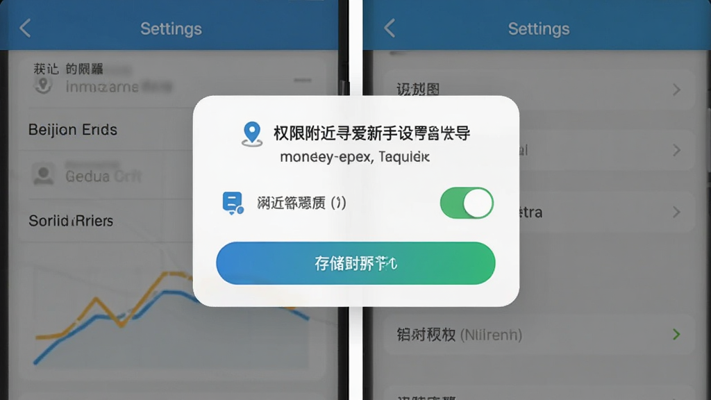 附近寻爱新手设置引导图,画面为手机屏幕显示权限请求弹窗与设置选项,布局为居中弹窗样式,风格清晰友好,细节包含定位图标、通知开关、存储权限按钮,画质清晰干净无多余元素