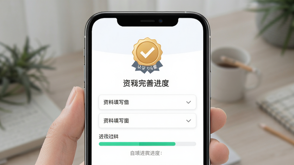 附近寻爱真人认证页面示意图,画面为手机屏幕内显示认证标识与资料完善进度条,布局为上下结构,风格清爽可信,细节包含认证徽章、资料填写框、进度提示,画质清晰干净无多余元素