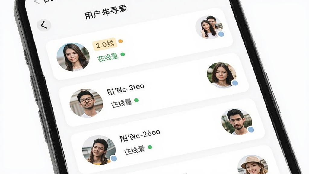 附近寻爱功能展示图,主体为手机屏幕中显示附近寻爱用户列表,列表按距离由近到远排列,布局为纵向卡片式,风格简约明快,细节包含距离标签、在线状态圆点、头像缩略图,画质清晰干净无多余元素