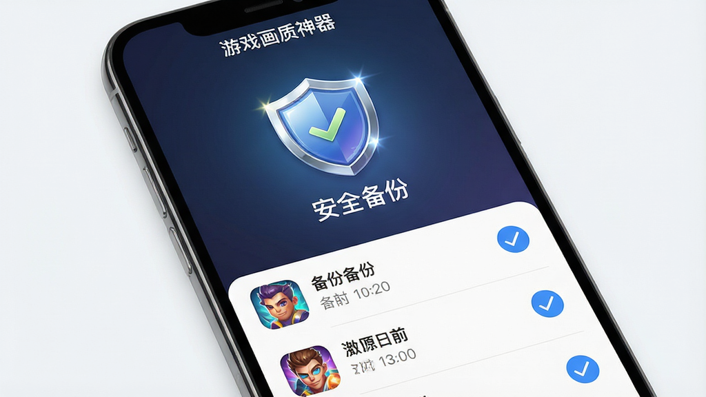 一张展示手机屏幕备份与还原功能的图片,屏幕上有一个盾牌图标和