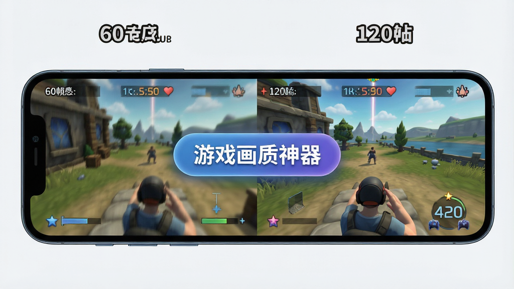 一张展示手机游戏画面帧率对比的图片,左侧为60帧的卡顿画面,右侧为120帧的流畅画面,画面中间有