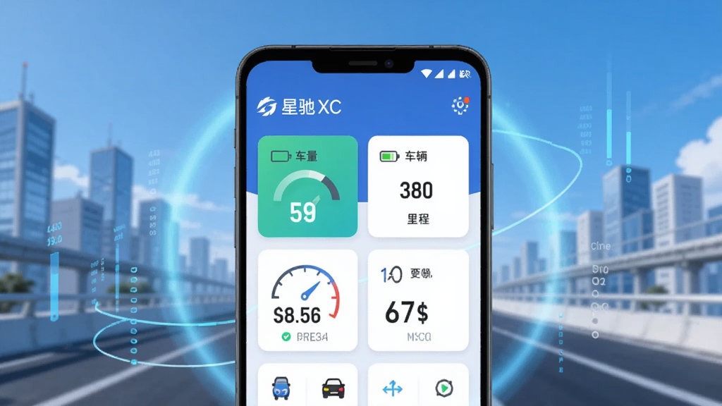 画面主体是一部安卓智能手机,手机屏幕显示“星驰XC”应用主界面,界面包含车辆电量、里程、速度等数据卡片,背景为现代城市道路与蓝天,布局采用居中构图,手机位于画面中央,四周环绕淡蓝色光晕与数据线条,风格为科技感扁平化插画,细节包括清晰的图标与数字显示,画质高清,干净,无多余元素