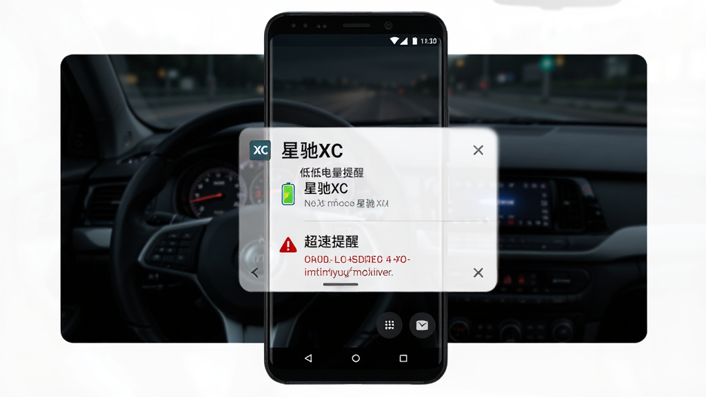 画面主体为安卓手机弹出“星驰XC”预警通知界面,通知内容显示低电量提醒与超速提醒,背景为深色驾驶场景,布局为手机居中,通知卡片突出显示,风格为现代扁平化设计,细节包括清晰的图标与文字,画质高清,干净,无多余元素
