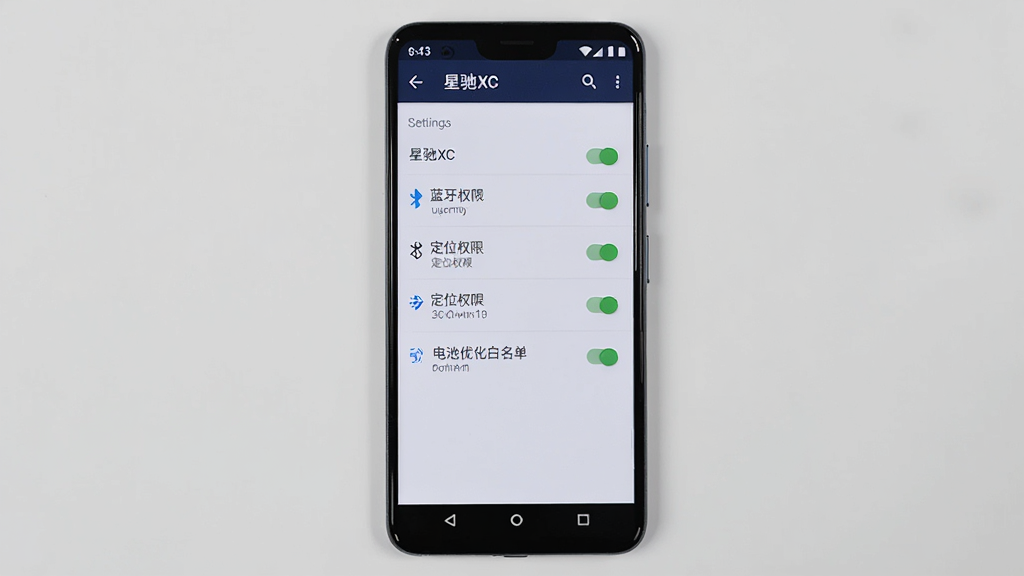 画面主体为安卓手机显示“星驰XC”设置界面,界面包含蓝牙权限、定位权限、电池优化白名单等选项开关,布局为纵向列表,手机居中,背景为浅灰色,风格为简洁实用风,细节包括清晰的开关状态与文字标签,画质高清,干净,无多余元素